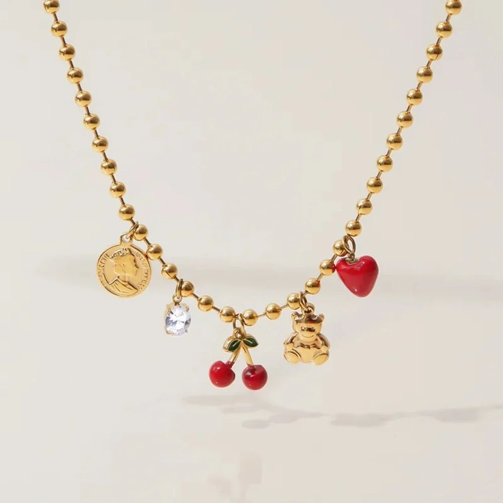 Golden Memories Beaded Cherry Teddy Bear Necklace - Picture 3 of 10